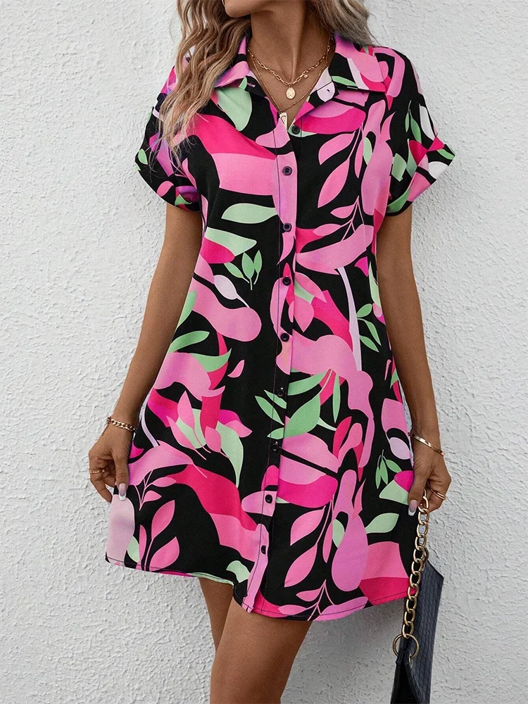 2025 New Summer Everyday Casual Women's Short Sleeve Shirt Dress  Sweet Fashion Single-breasted Dress Floral Print Elegant Dress