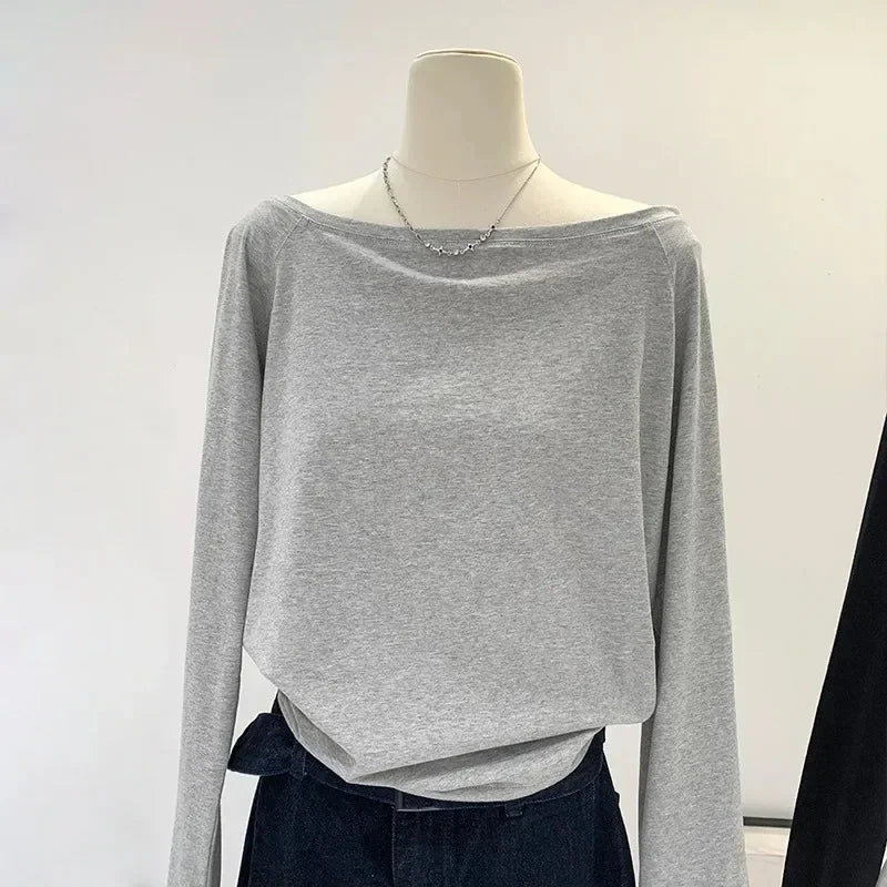 Autumn Winter One Shoulder Cotton Long Sleeve Slanted Shoulder Women's Clothing Style Inner Wide Truffle Shoulder Base Shirt