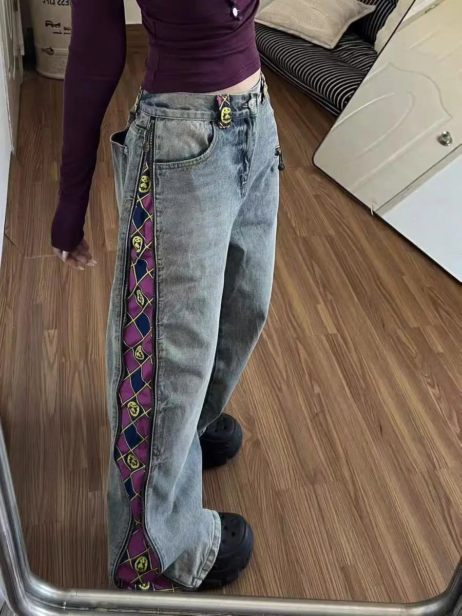 Retro Plaid Patchwork Straight Jeans - High Waist Baggy Vintage