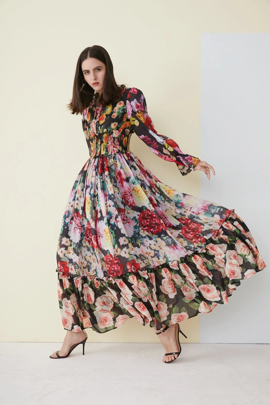Ladies Elegant Floral Print Long Sleeve Dress Summer Beach Chiffon Ruffled Collar Dress Elegant Elasticity Waist A-Line Sundress