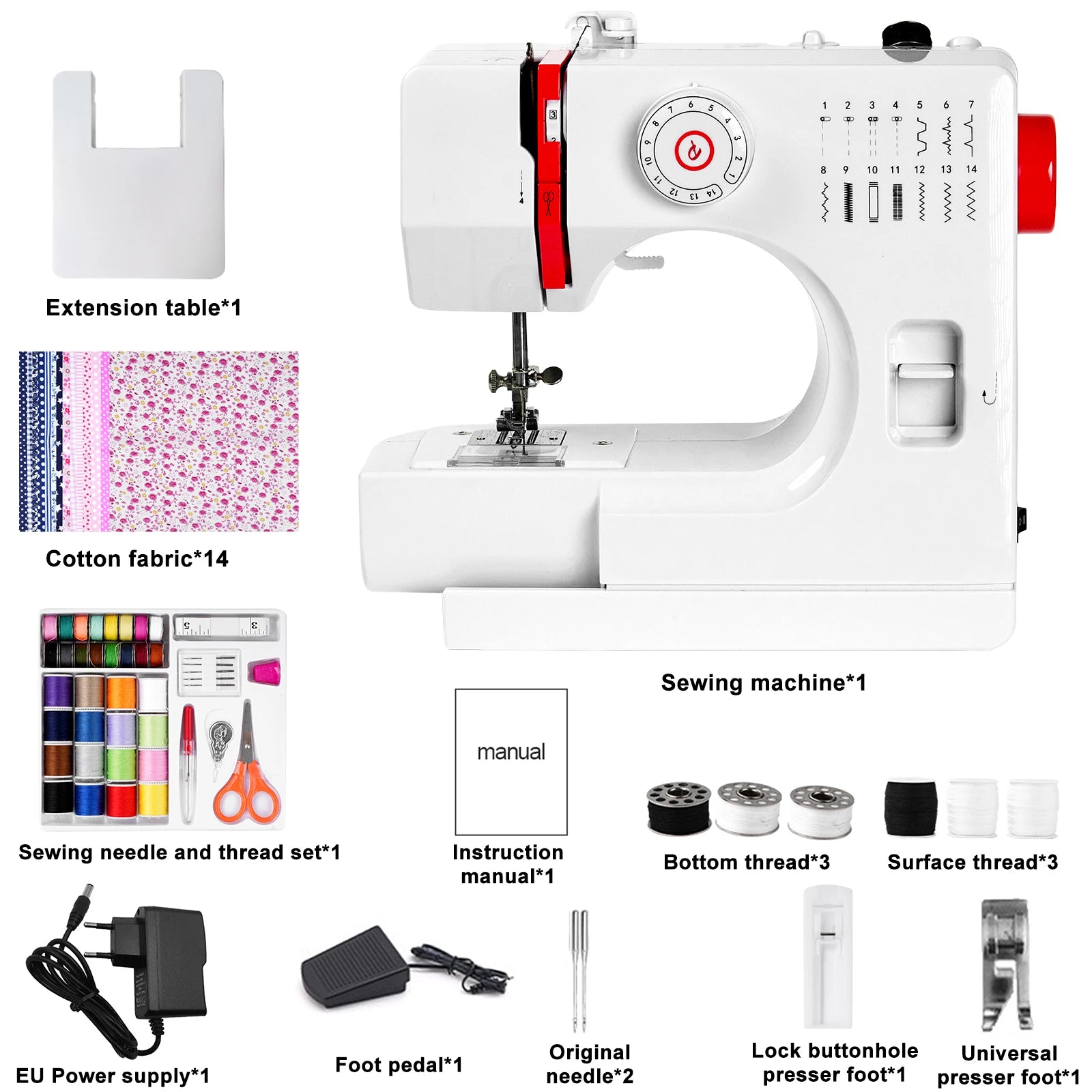 Electric Sewing Machine 728 – 14 Stitches, Full Kit, EU Plug
