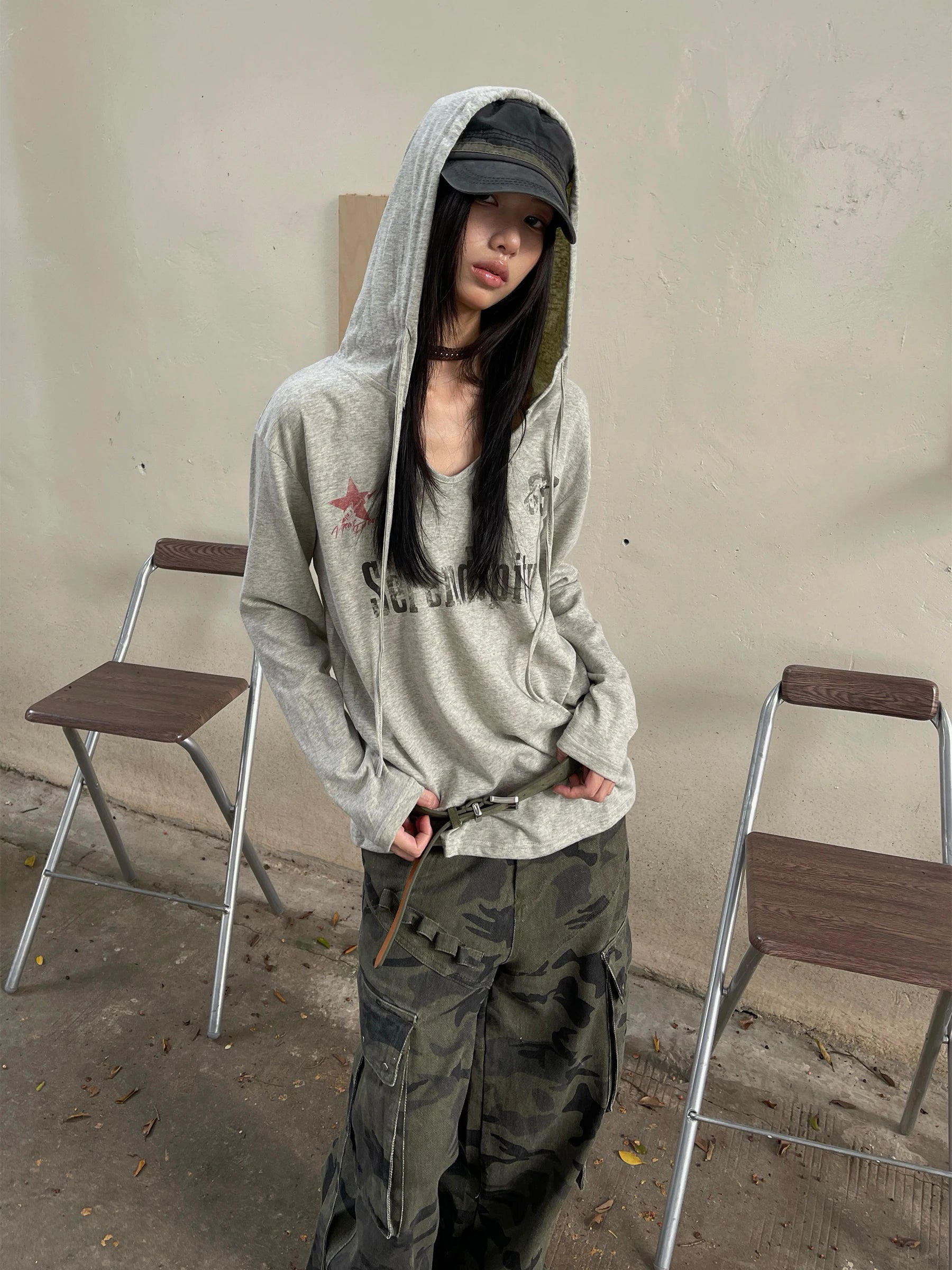 Genayooa Vintage Graphic Tops Women Long Sleeve Y2k Japanese T Shirt With Hooded Streetwear American Retro Grunge Tops E-girls