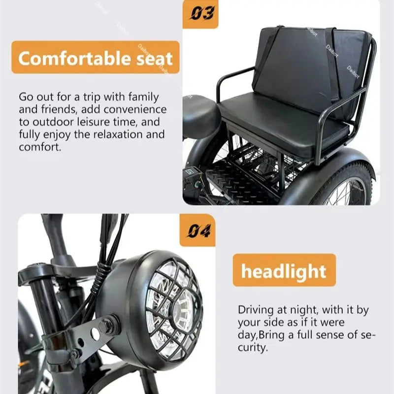 DAIBOT 3-WHEEL E-BIKE - 750W, 40 KM Range - Passenger Cruiser