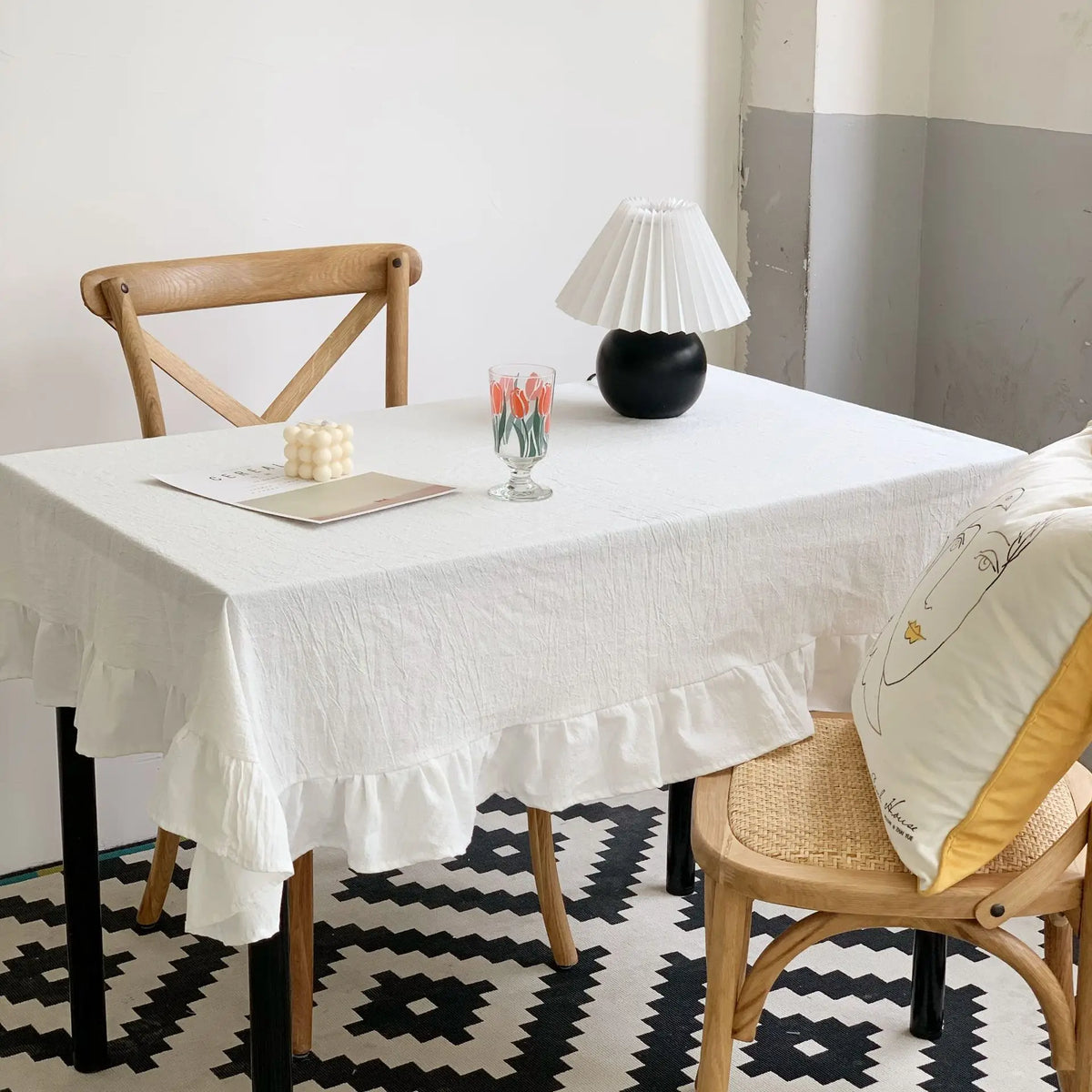 VINTAGE RUFFLED TABLECLOTH - White Cotton, Ruffled Edge - Soft Table Styling