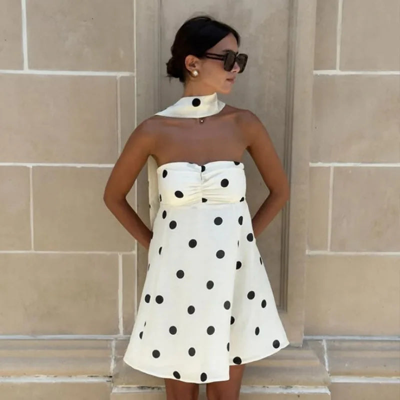 Elegant White Polka Dot Short Dress Sexy Slip Sleeveless Backless Silk Mini Dresses Evening Party Cute Birthday New Summer 2026