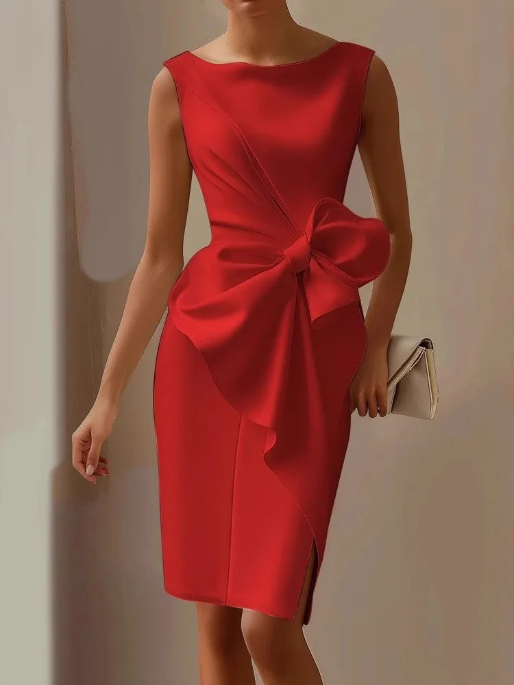 Elegant Solid Bow Dress For Women Fashion Sleeveless O Neck Slim Package Hip Dresses Lady Formal Evening Party Women's Clothing