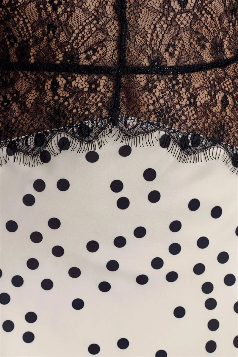 Mozision Polka Dot Backless Sexy Maxi Dress Women Gown Elegant Patchwork Lace Halter Deep V Neck Sleeveless Bodycon Club Dress