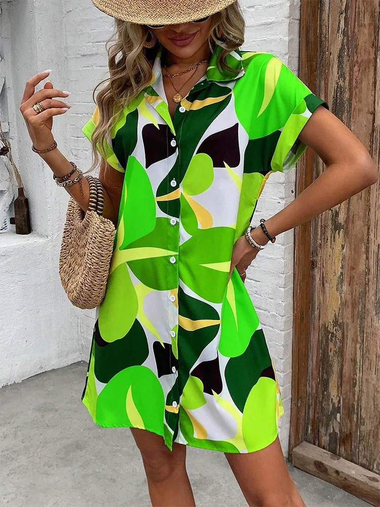 2025 New Summer Everyday Casual Women's Short Sleeve Shirt Dress  Sweet Fashion Single-breasted Dress Floral Print Elegant Dress