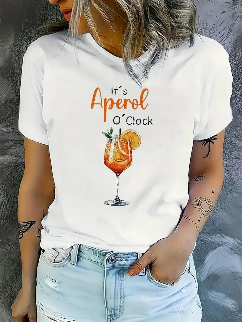 Aperol O'Clock Print Women's Crew Neck T-Shirt Casual Short Sleeve Letter Print Spring Summer Top Tee T Shirt Women Clothes