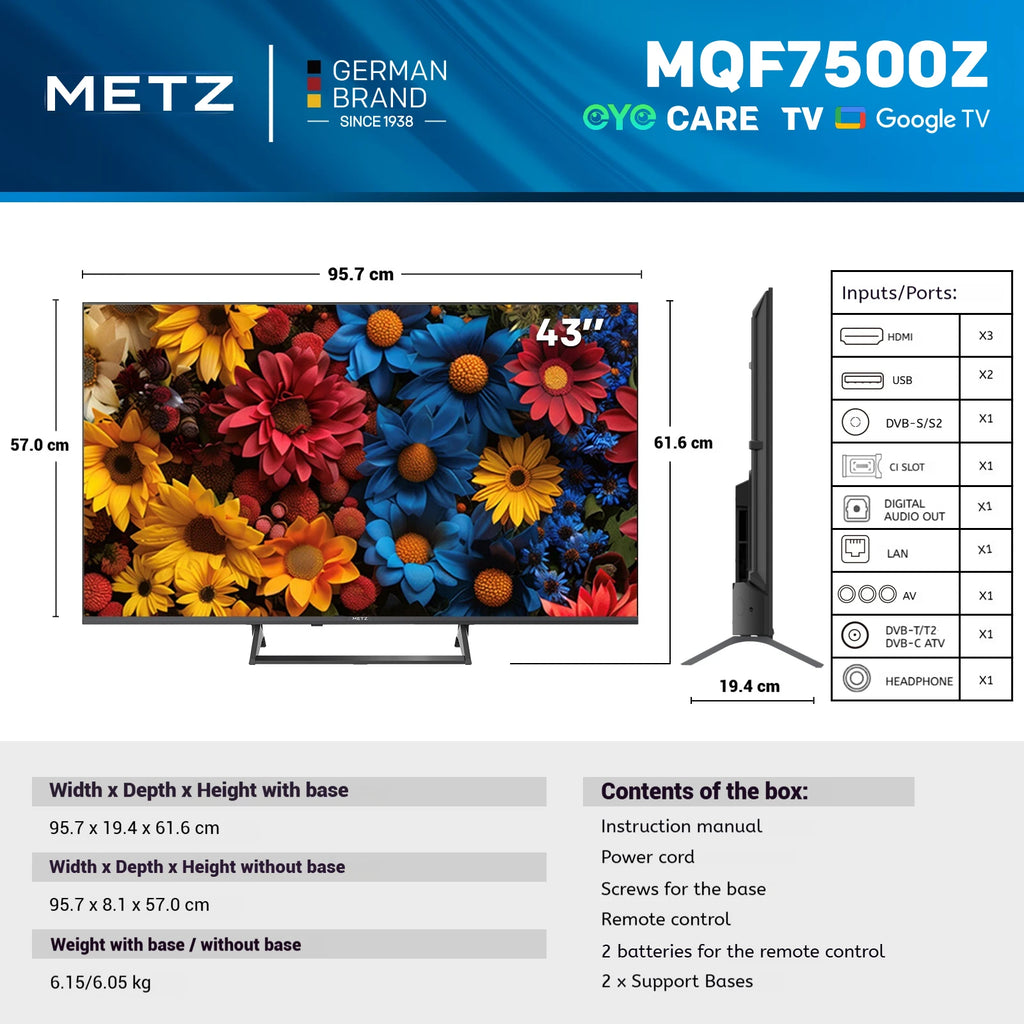 METZ 43" QLED 4K Smart TV – Google TV Dolby Vision