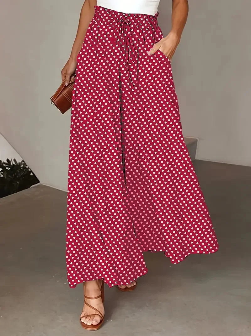2025 Spring/Summer Bohemian Wide-Leg Pants with Elastic Waist and Polka Dot Print Long Skirt Pants for Women