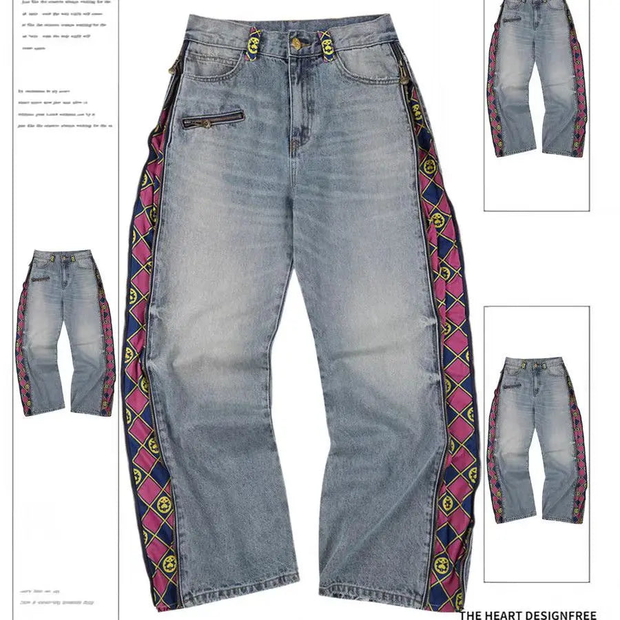 Retro Plaid Patchwork Straight Jeans - High Waist Baggy Vintage