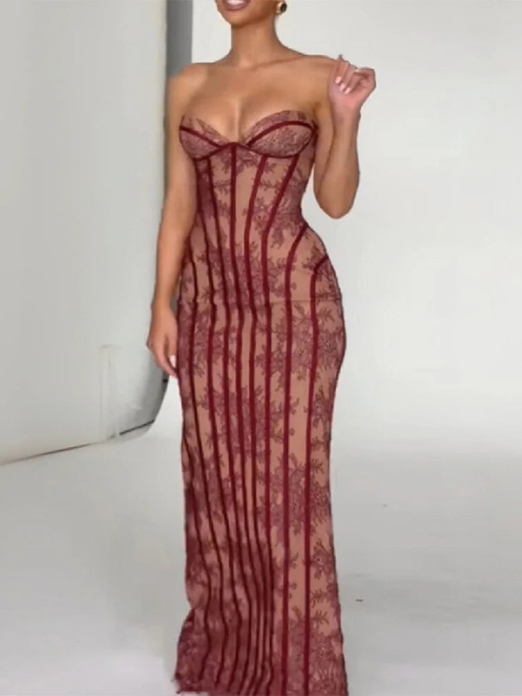 2026 Chic Gauze Fishbone Night Party Gown Elegant Off-shoulder Strapless Short Dress Women Lace Embroidery Shaping Maxi Vestidos