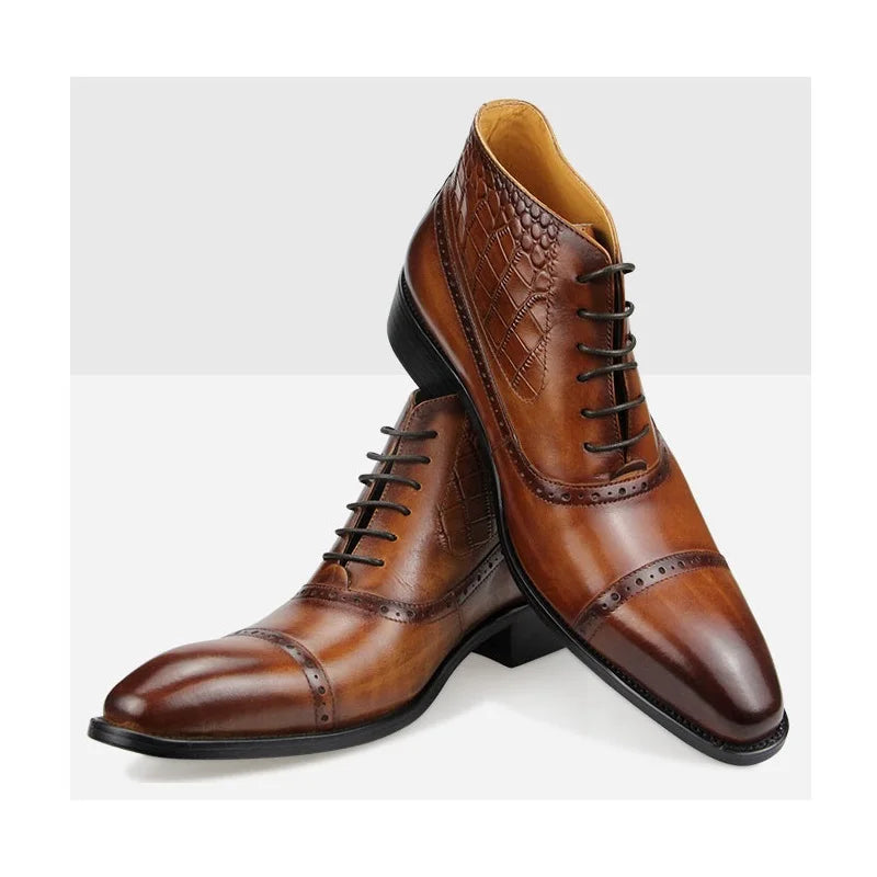 BRITISH PRINT - Men's Genuine Leather High Ankle Boots - Pointed Toe Retro Business