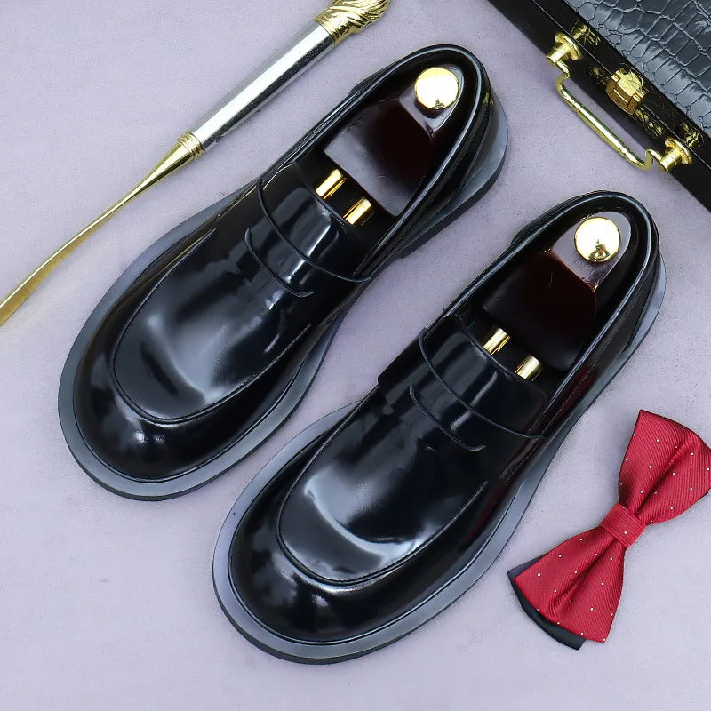 Men's Genuine Leather Slip-On Shoes - Bright Lacquered Round Toe British Style