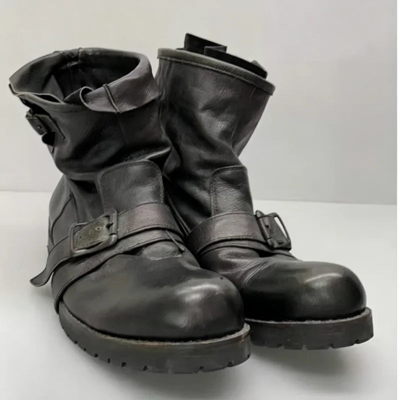 Urban Combat Boots - Buckle Strap Round Toe Low Heel Minimalist Street Style