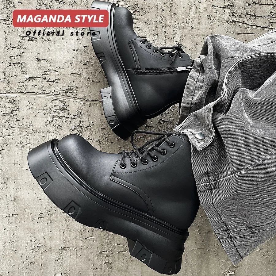 Men's Height Increasing Ankle Boots - +7cm Lace-Up Matte Thick Sole Work Style