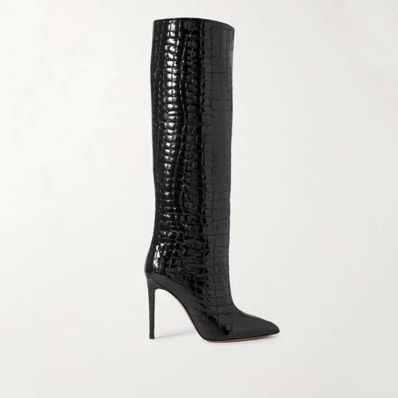 Croc-Embossed Knee-High Stiletto Boots