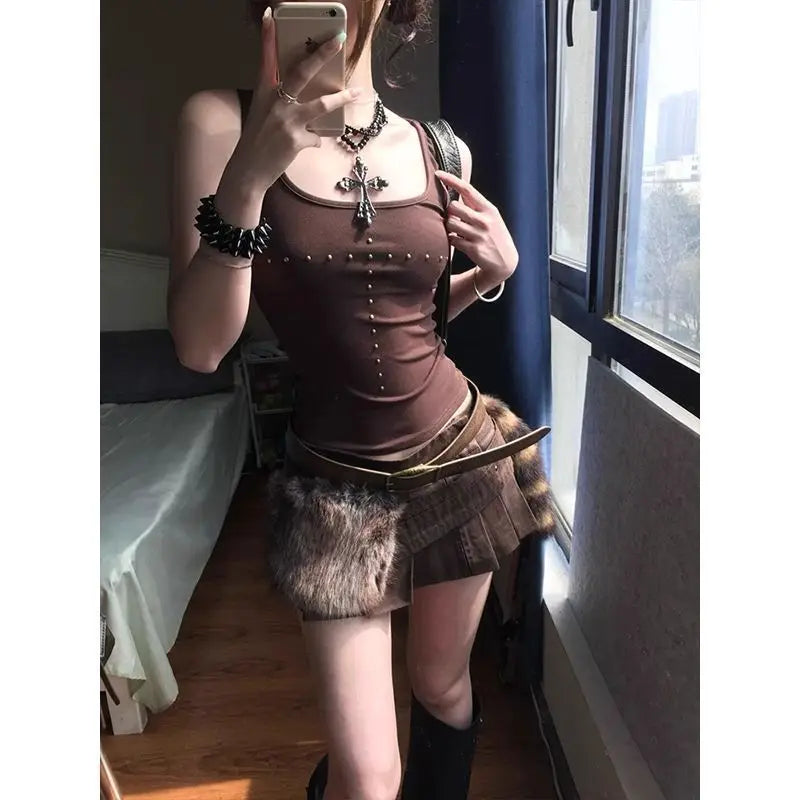 Brown Beading Vintage Clothing Y2k Tank Tops Women 2000s Clothes Fashion Sport Sleeveless T-shirt Slim Fitted Basic Tees