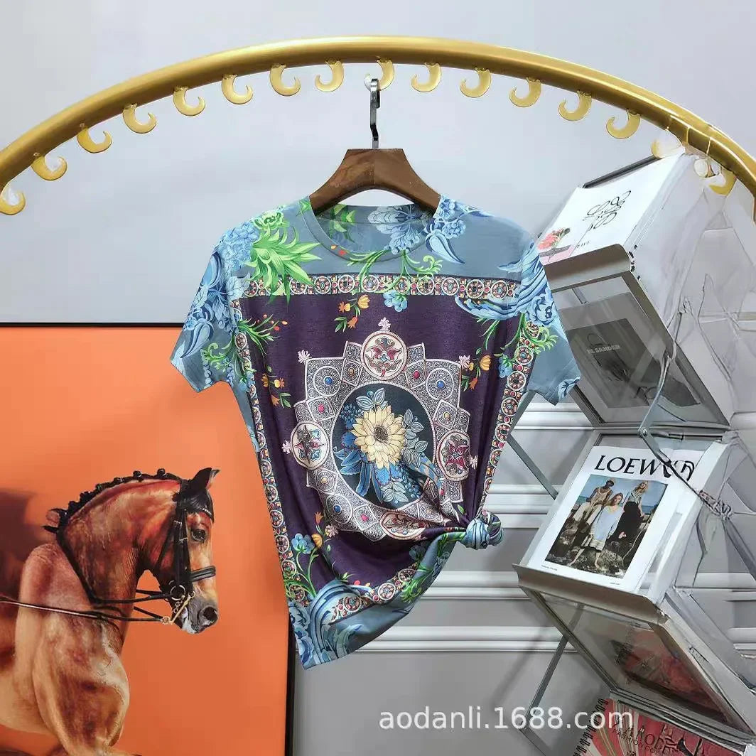 2025 Cartoon Printed T Shirts Women Clothes Vintage Style Casual Horse Pattern Female Short Sleeve Summer Tops Женская Одежда