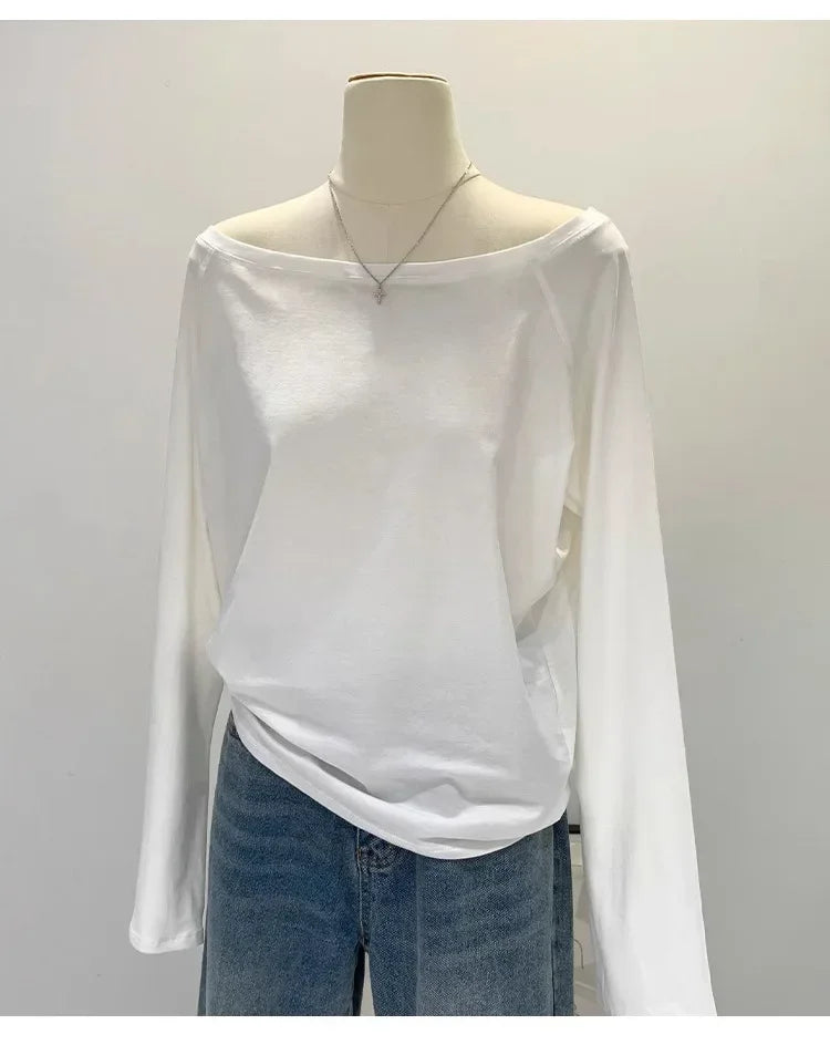 Autumn Winter One Shoulder Cotton Long Sleeve Slant Shoulder Women's Clothing Style Interior Wide Truffle Shoulder Base Shirt