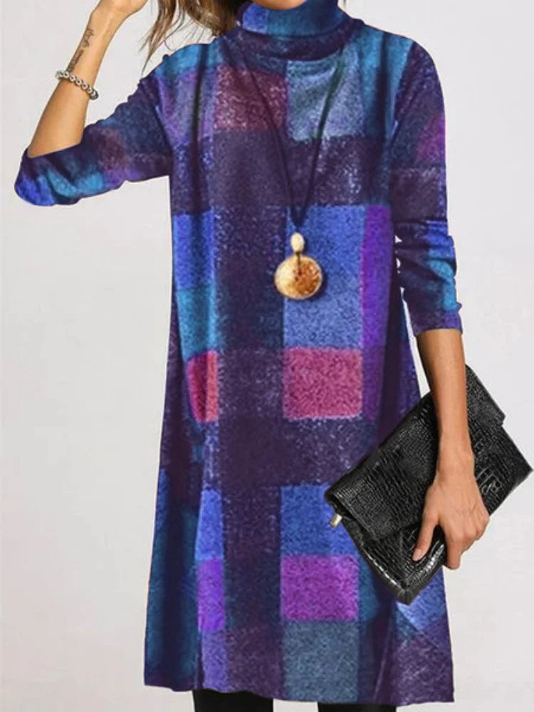 Vintage High Neck Long Sleeve Dresses Plaid Thick French Style Elegant Office Commuting Cashwool Frock Ladies Dress Costume