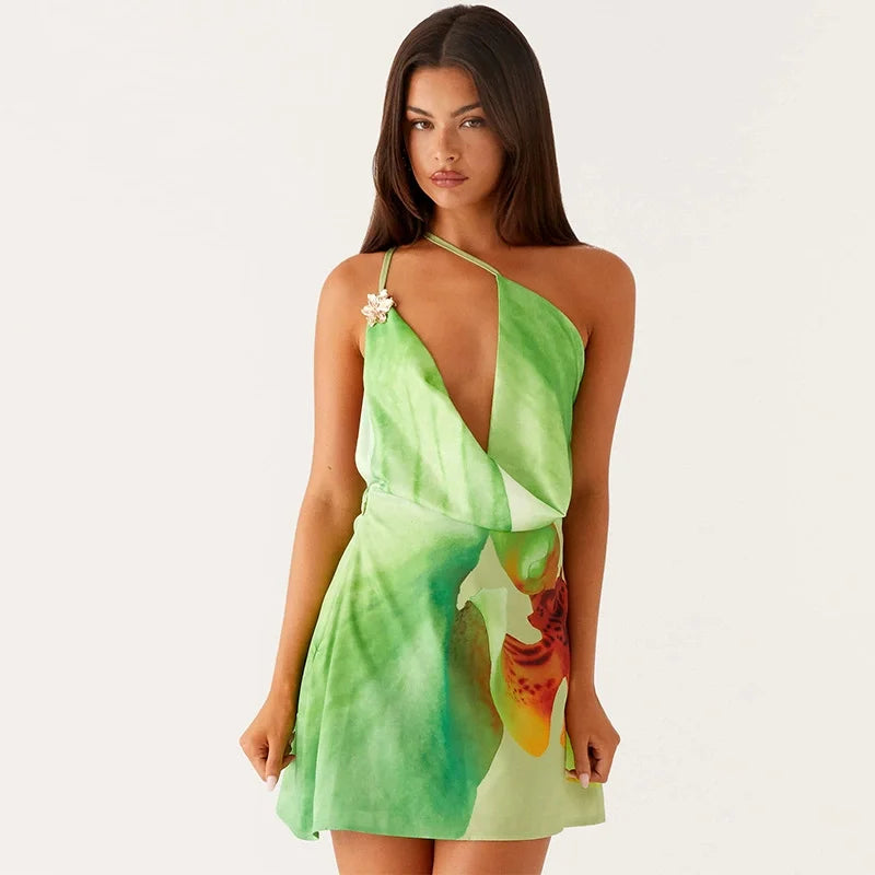 TARUXY One-shoulder Sexy Printed Dress Draped Swinging Collar Beach Vacation Mini Dress Elegant Sleeveless Female High Waist