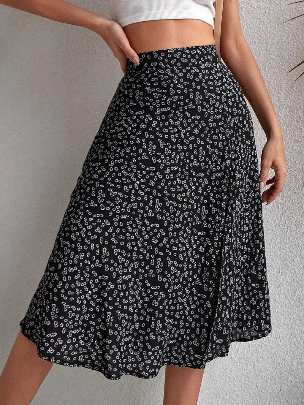 Spring and Summer New Women's Versatile Floral Zipper Split A-Line Skirt
