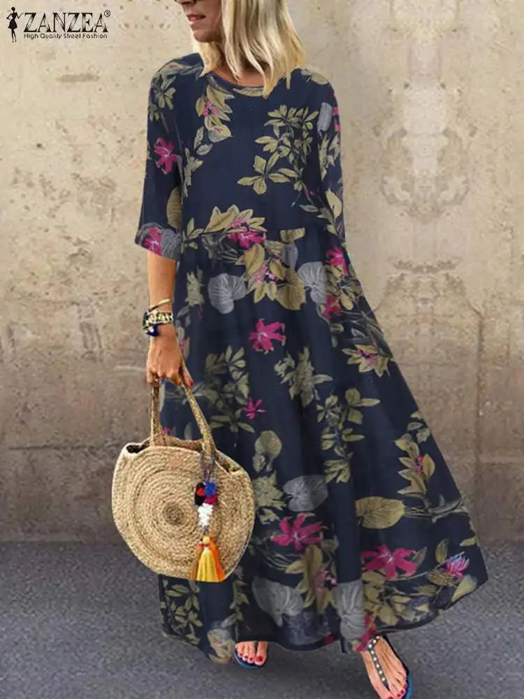 Women's Summer Short Sleeve Sundress ZANZEA Woman Floral Printed Dress Bohemian Elegant Casual Oversized  Holiday Long Dresses