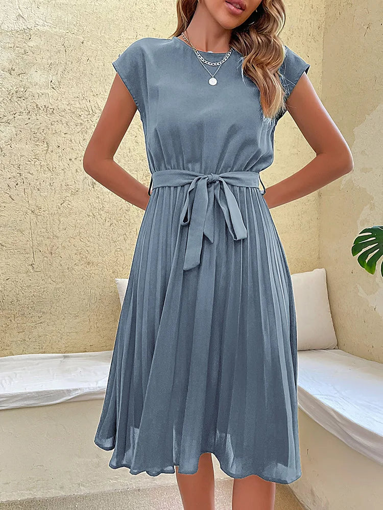 Elegant Women's Summer Casual Beach Sundress Short Sleeve Pleated Midi Dress Solid Colour O Neck Tunic Dresses Fashion