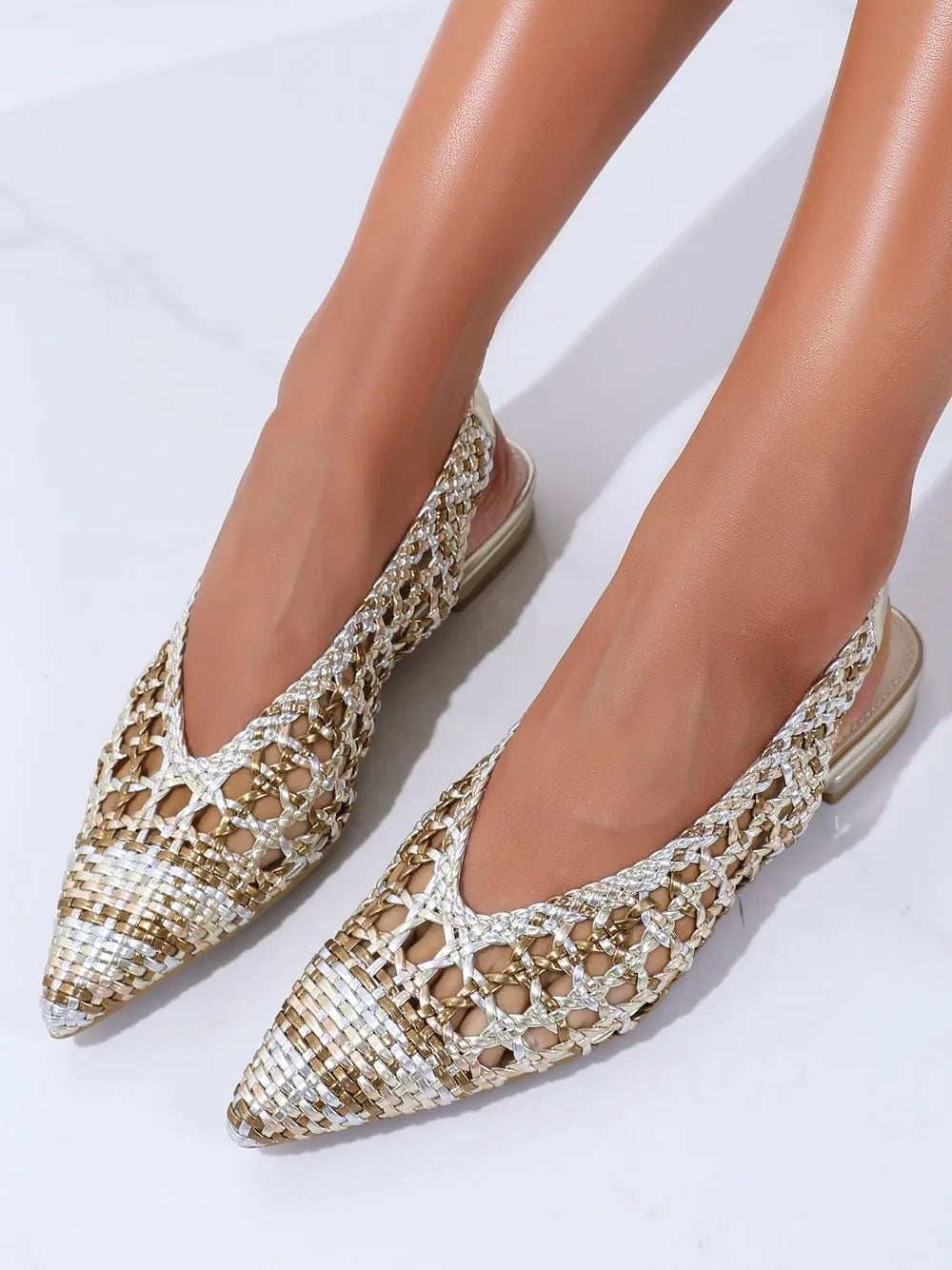 Trendy Mode Women's Braided Pointed Toe Slingback Fashion Flat Bottom Elastic Backstrap Sandals (runs one size small)