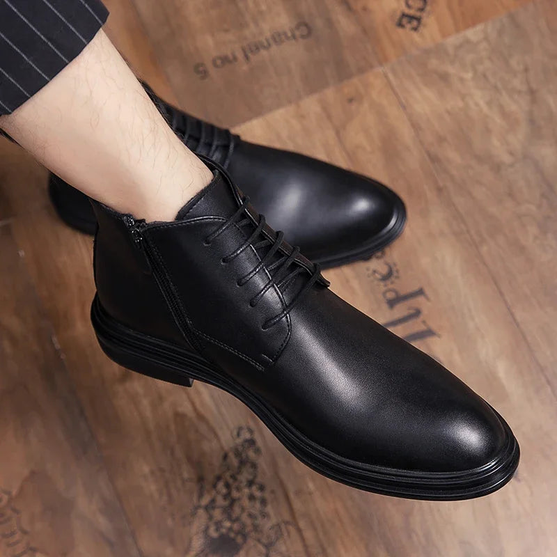 Men's Business Ankle Boots - Lace-Up Side Zipper PU Leather Round Toe Low Heel