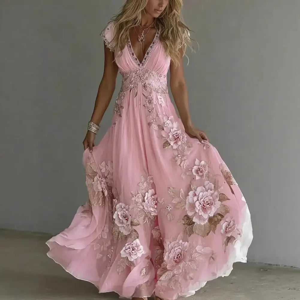 3d Pattern Women Summer Dress Floral Maxi Dress Short Sleeve V Neck A-line Swing Vestidos Floral Printed Beach Vacation Sundress