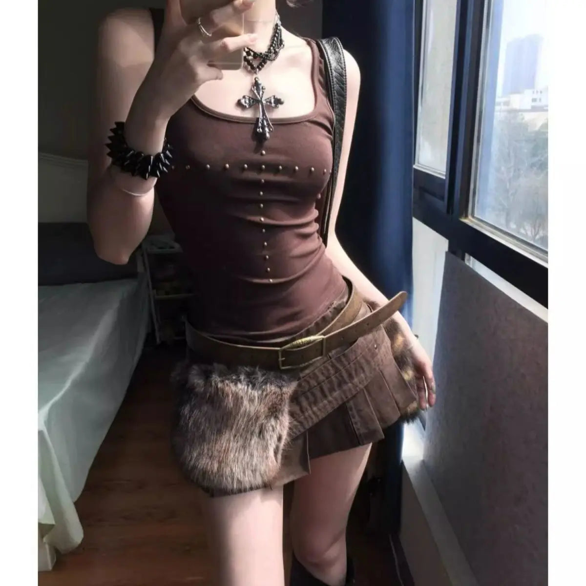 Brown Beading Vintage Clothing Y2k Tank Tops Women 2000s Clothes Fashion Sport Sleeveless T-shirt Slim Fitted Basic Tees