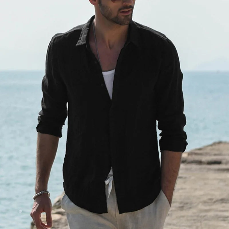 COLLAR STAND - Men's Linen Standing Collar Shirt - Lightweight, Casual