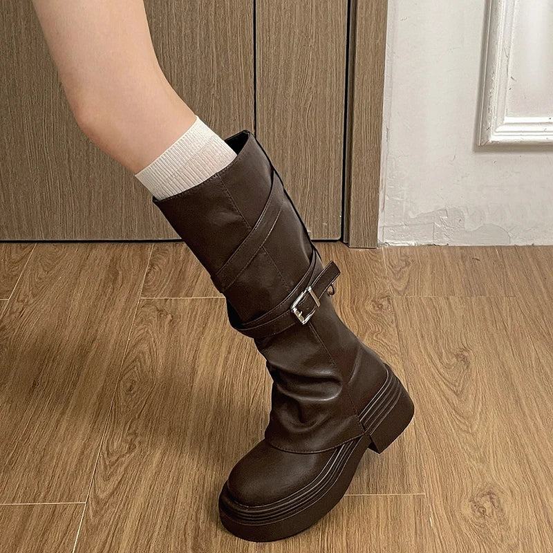 Vintage Knee-High Boots – Square Heel Slip-On Platform