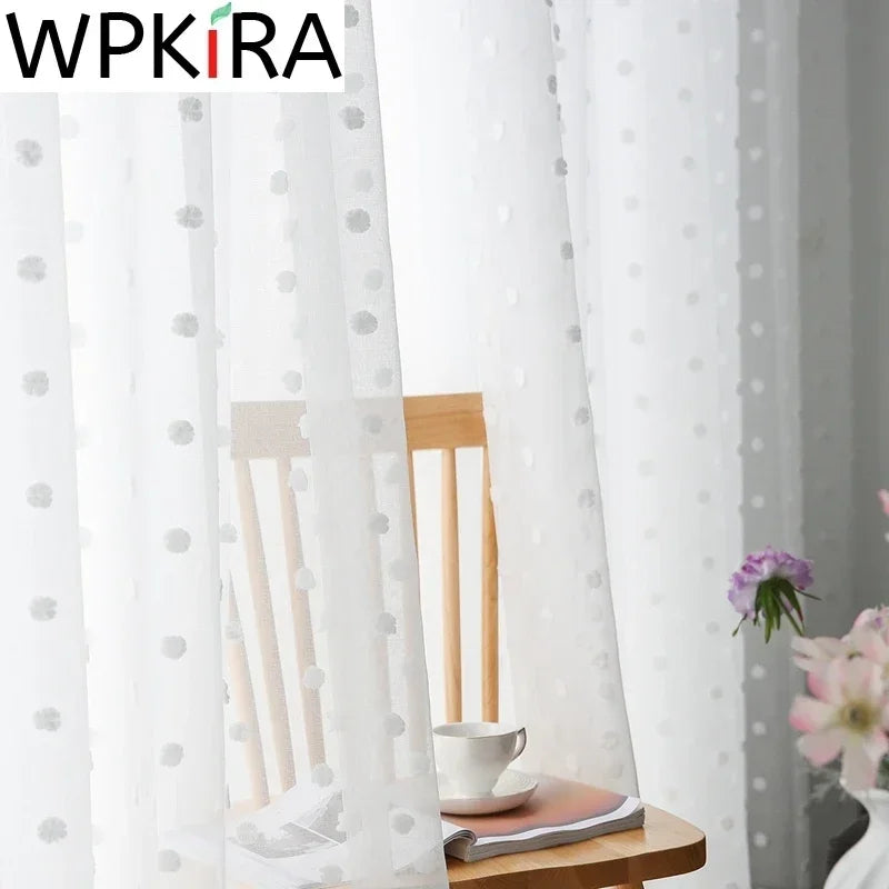Modern White Lovely Pom Pom Tulle Curtain For Living Room Girls Bedroom Solid Color Linen Voile Window Treatment Kitchen ZH036H