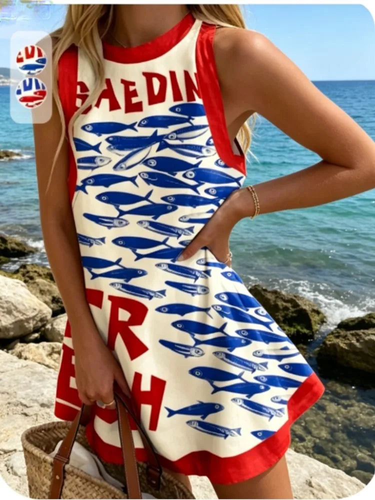 Summer New Print Dress Women's Fashion Elegant Casual O Neck Sleeveless Holiday Beach Party Shirt Dresses For Women Robe Femme