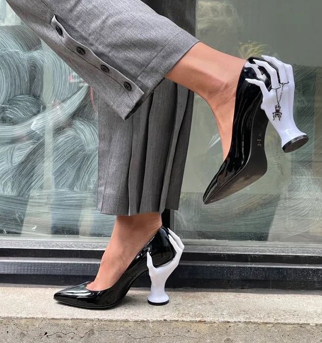 Patent Leather Pumps – Pointed Toe Sculptural Heel Slip-On