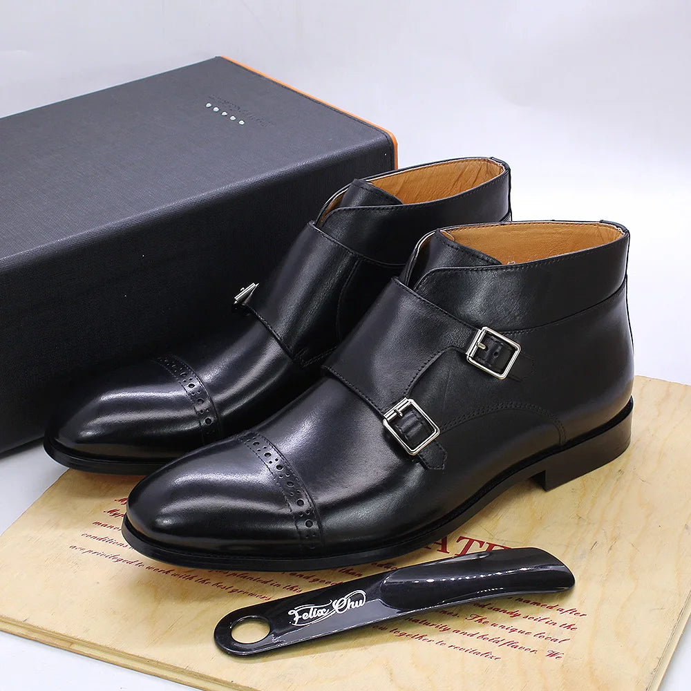DOUBLE BUCKLE MONK STRAP BOOTS - Men's Genuine Calf Leather Ankle Boots Retro Cowboy Style - Black & Brown