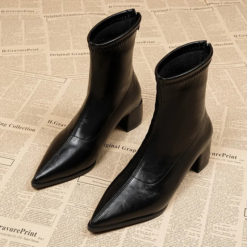 Vintage Ankle Boots – Thick Square Heel Pointed Toe Zip