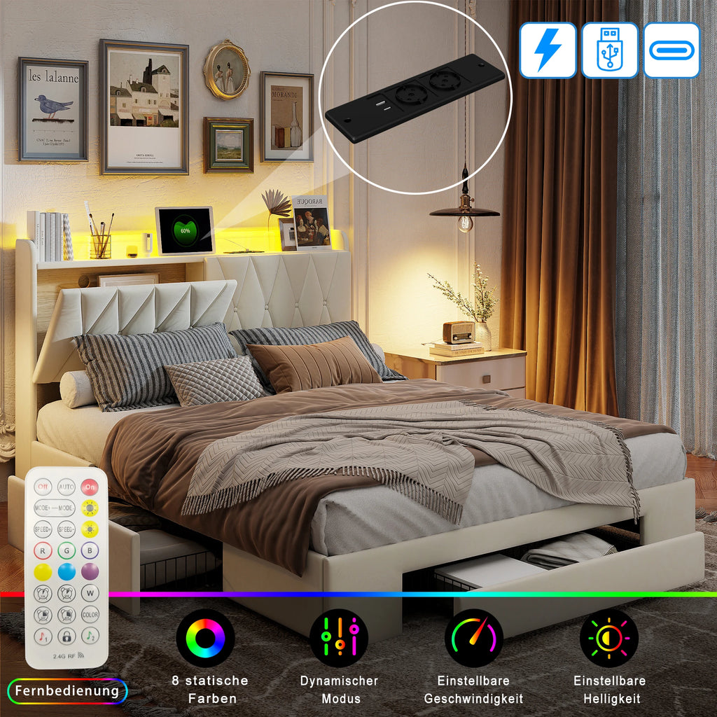 VELVET HAVEN - Upholstered Storage Bed - LED, USB Charging, 3 Drawers