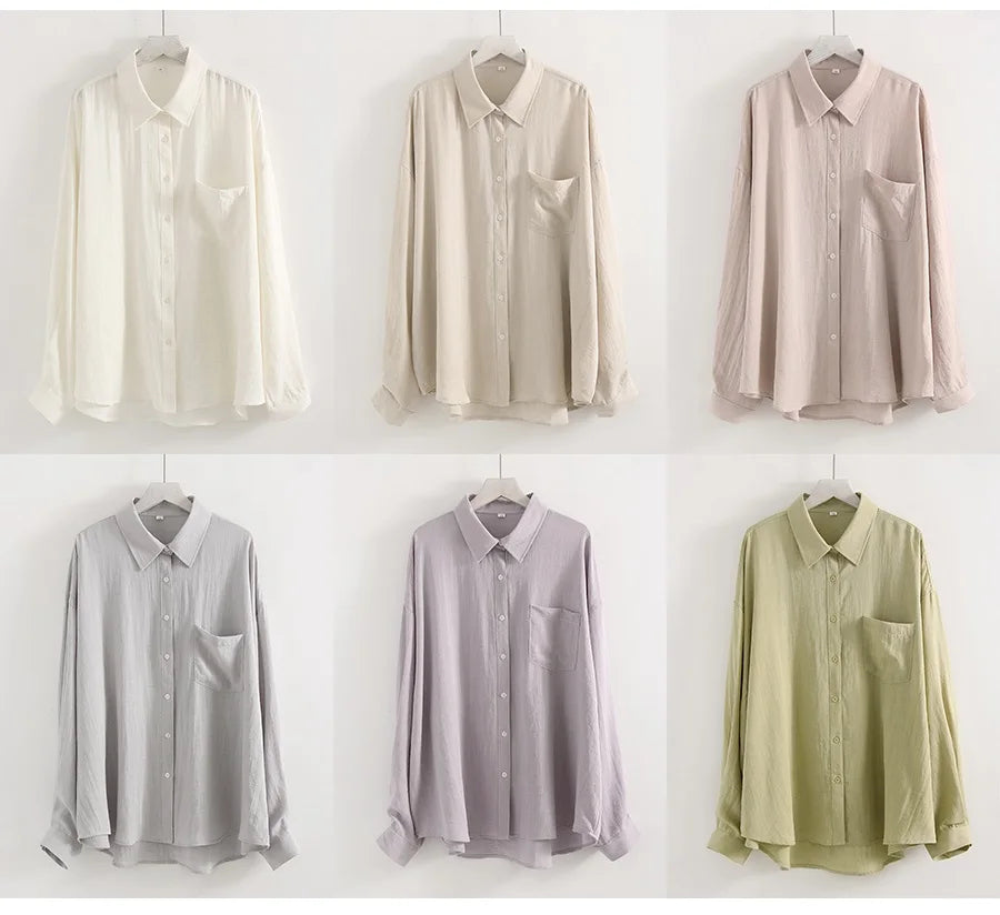 Streamgirl Summer White Linen Shirts For Women Oversized Long Sleeve Tops Lady Loose Basic Linen Tops Women Blue Shirts Oversize