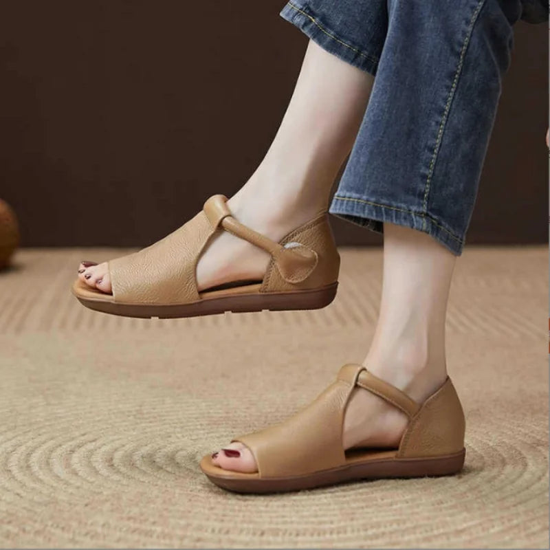 Women's Hook & Loop Flat Sandals Summer - Open-Toe Casual Beach Shoes, Comfortable Soft Sole Walking Sandals for Daily &Vacation