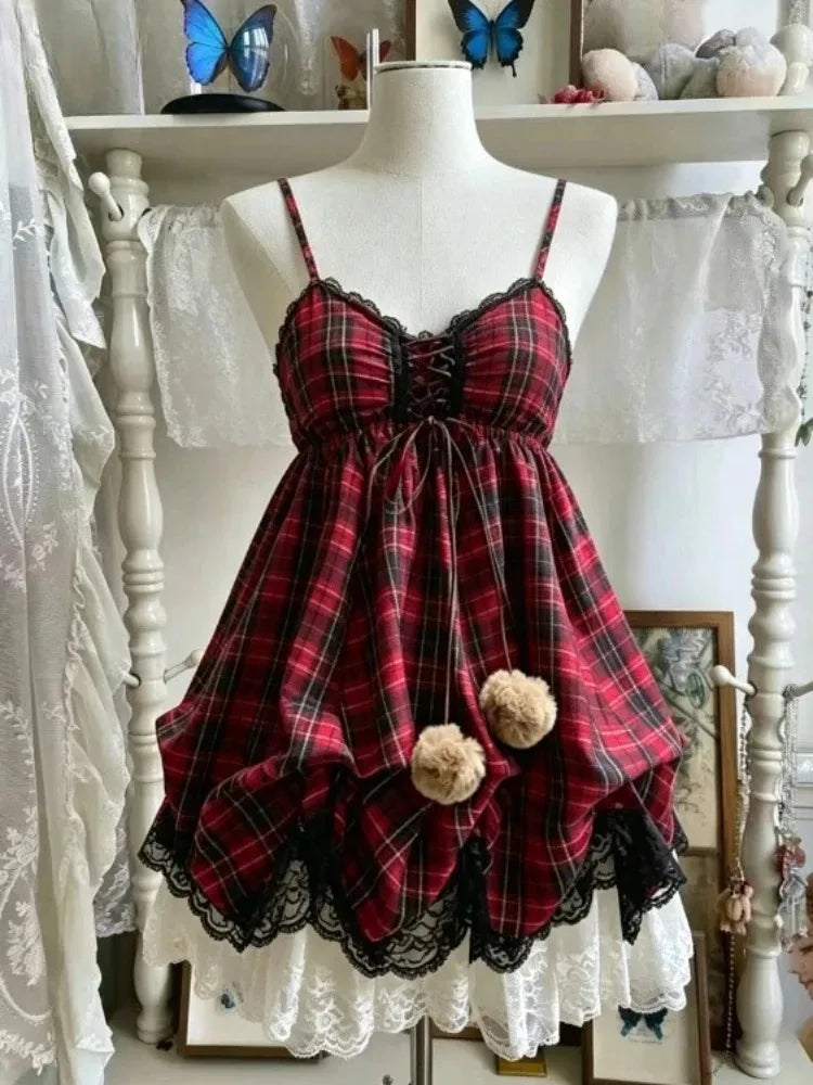 Gothic Retro Sweet Bud Mini Dress Women Harajuku Y2k Strap Dress Y2K Aesthetic Club Party Fashion Outfits