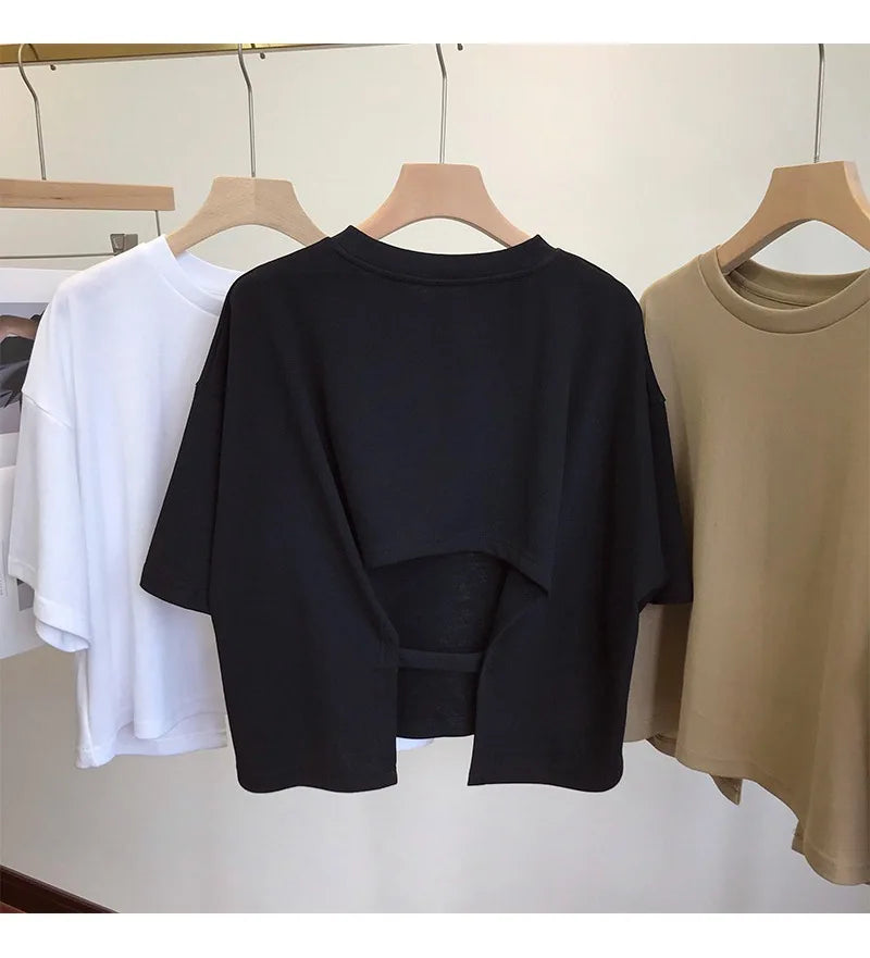 Summer Vintage Women's Short Sleeve Tee Korean Casual Backless Oversize T-Shirt Round Neck Short-Sleeved Crop Tops Y2k Brown Top