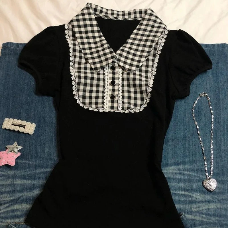 Y2k Vintage Short Sleeve T-Shirt Plaid Print Polo Top Women Casual American Retro Slim Fit Button Patchwork Spring Summer