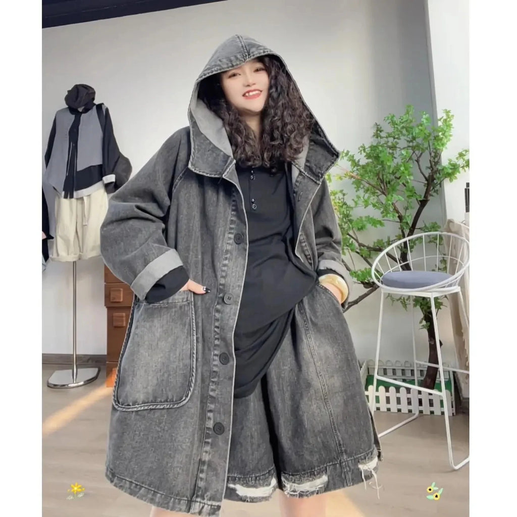 Oversized Hooded Denim Trench Coat