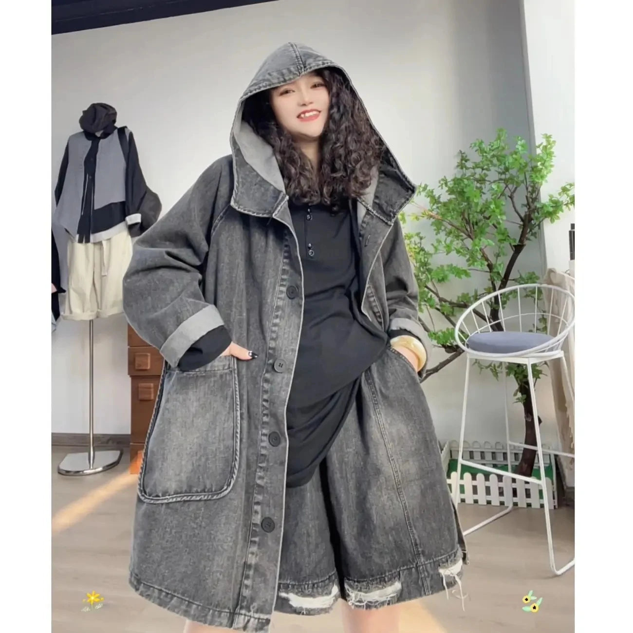 Oversized Hooded Denim Trench Coat
