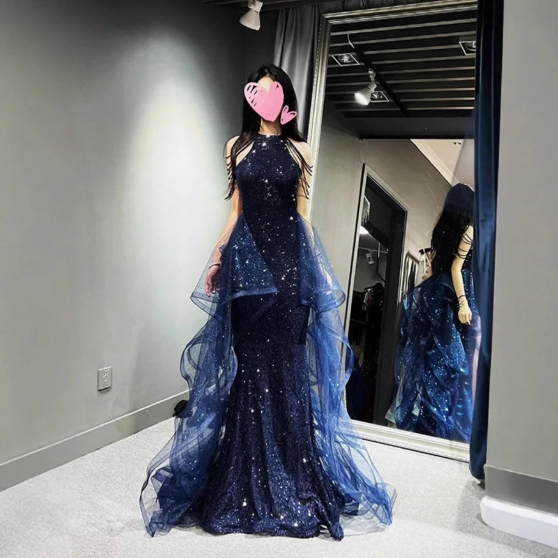 Navy & Black Evening Gown - Sweep Train - Midnight Grace
